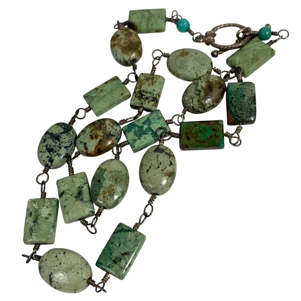 Oval and Rectangle Green Turquoise Necklace Native American-Style 19.4 Grams